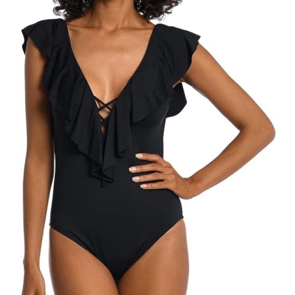 La Blanca Women's Island Goddess Over Shoulder Ruffle Plunge One Piece NWT  10